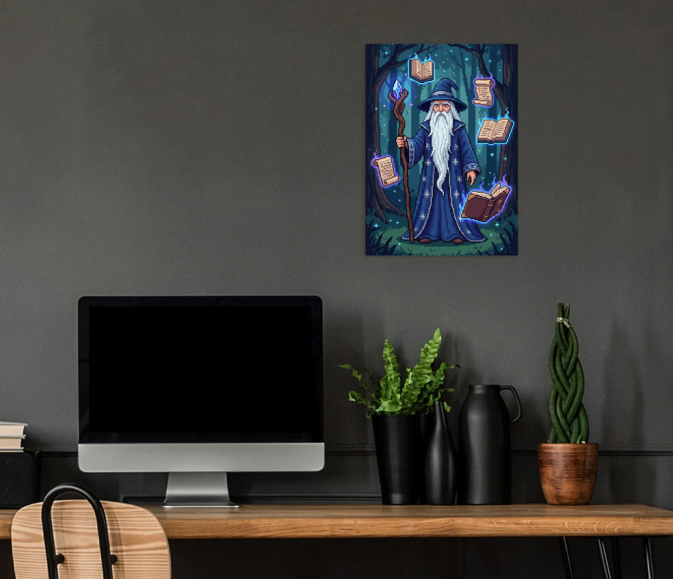 Pixel Art Wizard with Magic Staff — metal poster wall art by Lineer